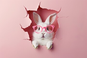 A humorous and eye-catching image of an adorable rabbit wearing pink sunglasses, peeking through a ripped pink paper - 747236751