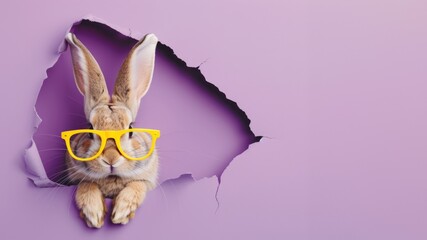 Rabbit with yellow glasses charmingly emerges through torn purple paper, a hint of whimsy