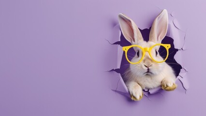 Playful image of a white bunny with striking yellow eyeglasses breaking through a purple paper wall