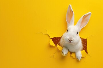 A cute white rabbit emerges through a torn yellow paper background, giving a sense of curiosity and surprise