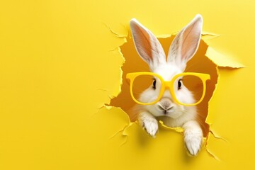 Charming white rabbit dons hip yellow glasses, popping through a golden torn paper backdrop