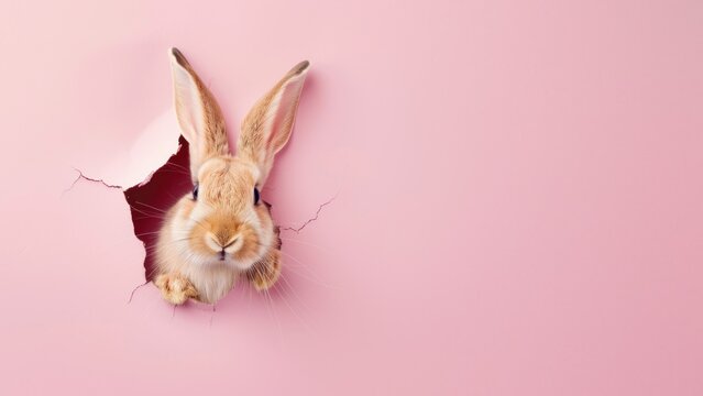 A brown and white rabbit with a fluffy fur texture peeks out from a torn pink background