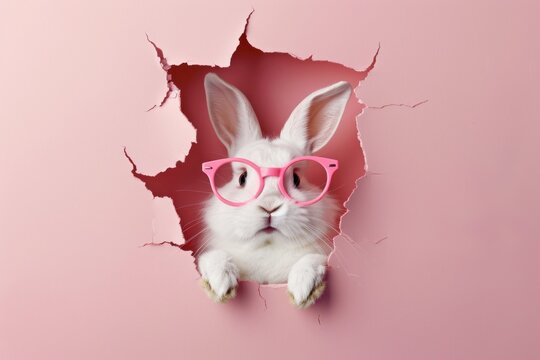 A humorous and eye-catching image of an adorable rabbit wearing pink sunglasses, peeking through a ripped pink paper
