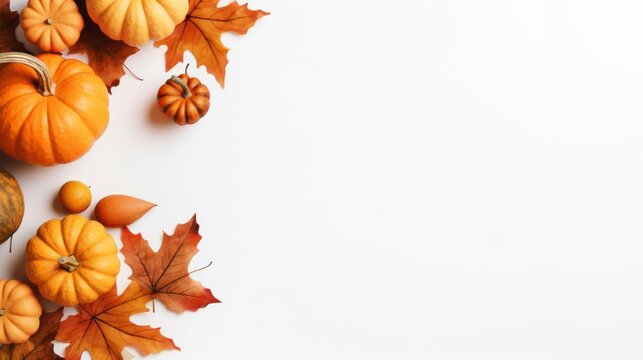 Autumn background with pumpkins and leaves on white background