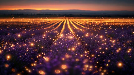 Sunset casting a golden glow on lavender fields with sparkling light effects.