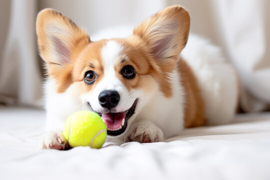 Cute Welsh Corgi dog playing tennis ball. funny cute dog play toy.