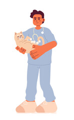 Male veterinarian with cat cartoon flat illustration. Clinic vet man middle eastern holding kitten 2D character isolated on white background. Doctor animal. Veterinary medic scene vector color image