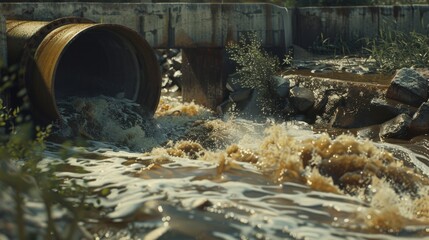 Obraz premium Environmental damage concept, Industrial and factory brown wastewater, murky discharge pipe into wild river, dirty water pollution