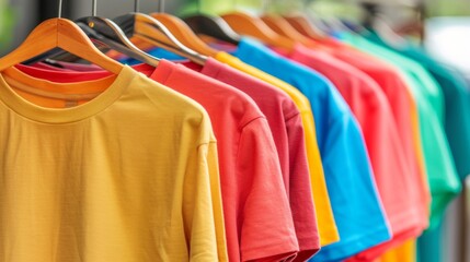 Obraz premium A vibrant display of colorful t-shirts hanging in a row, showcasing a variety of choices for casual wear.