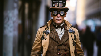 A dapper gentleman sports a top hat with goggles a tweed vest and a long trench coat embellished with br buttons and gears. - obrazy, fototapety, plakaty