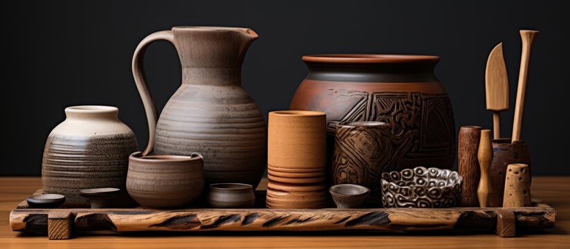 A selection of various pottery pieces arranged neatly on top of a sturdy wooden table. The pottery items include vases, bowls, mugs, and decorative ornaments.