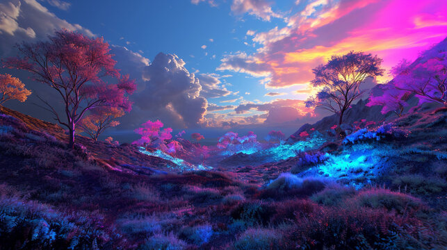 fantasy of neon forest on beautiful sky. Generative Ai