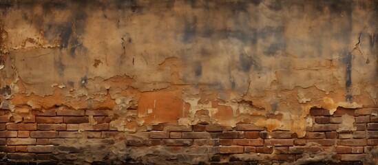 A red fire hydrant stands in front of a dark-toned old brick wall with chipped yellowish plaster....