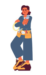 Handywoman holding tools cartoon flat illustration. Auto mechanic woman latinamerican 2D character isolated on white background. Latina technician renovator repair workshop scene vector color image