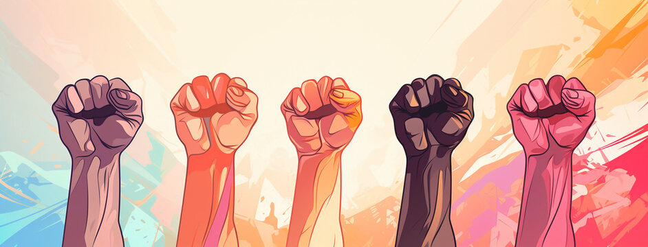 A unity background poster illustration of different colored people raising clench hands illustration  