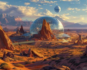 Illustrating a vibrant biomedical research facility set within a unique geodesic dome in a radiant desert combines architectural innovation with the harsh beauty of desert landscapes emphasizing - obrazy, fototapety, plakaty