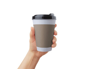 Paper cup with slave in hand isolated in white background. Clean surface for logo promotion,...