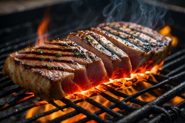 Succulent salmon steaks being grilled to perfection over an open flame barbecue grill - obrazy, fototapety, plakaty