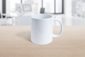 White mug on office desk with clean survace for logo branding, promotion