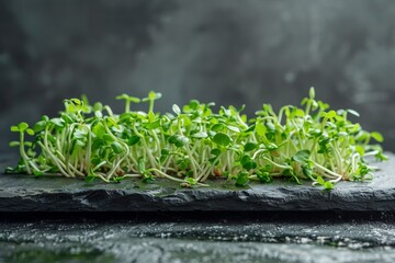 fresh green sprouts on dark background, healthy and organic food concept, conscious consumption, earth day concept