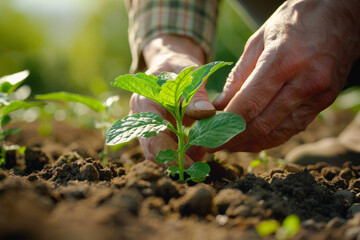 farmer is planting a seedling in a soil, healthy and organic food concept, conscious consumption