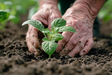 farmer is planting a seedling in a soil, healthy and organic food concept, conscious consumption - obrazy, fototapety, plakaty
