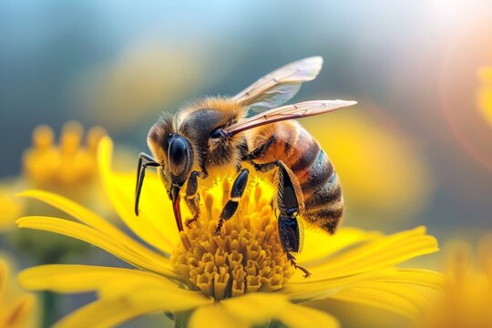 bee on a flower, close up image, macro, wildlife preservation and biodiversity concept