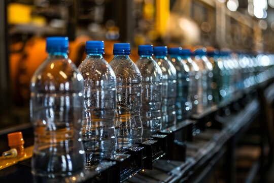 plastic bottles production, ecological problems concept, plastic bottles production line