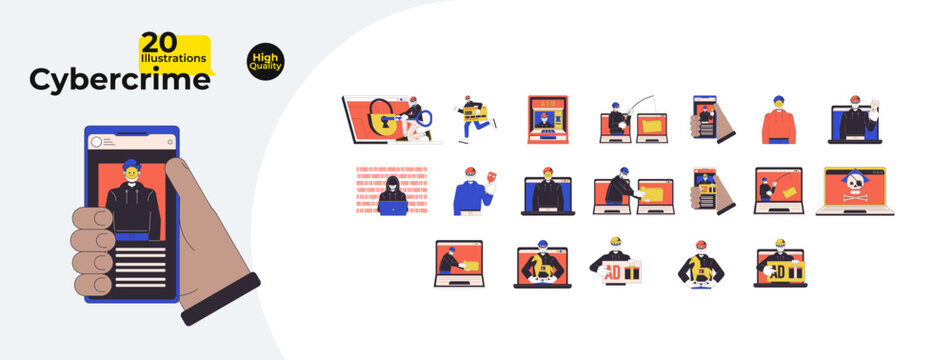 Cybercrime 2D linear illustration concept bundle. Cyber fraud, hacker malware cartoon characters isolated on white. Stealing computer crime metaphor abstract flat vector outline graphic collection