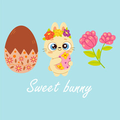 Fototapeta premium Cute Easter card. Vector illustration. Spring collection of cute bunny, flowers and sweets. For poster, card, scrapbooking , stickers