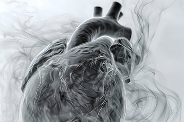 MRI image of a human heart captured in mid-beat, offering a dynamic view of cardiac motion. The background is minimalist, focusing attention on the heart's pumping action and the flow of blood.