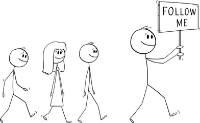 Leader Walking With Follow Me Sign, Vector Cartoon Stick Figure Illustration
