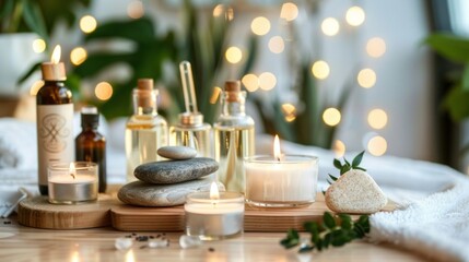 Natural spa products arranged on a wooden surface with lit candles creating a calm and inviting atmosphere for relaxation.