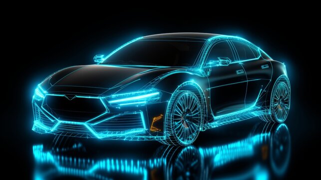 Futuristic augmented reality car wireframe concept on blurred background with copy space