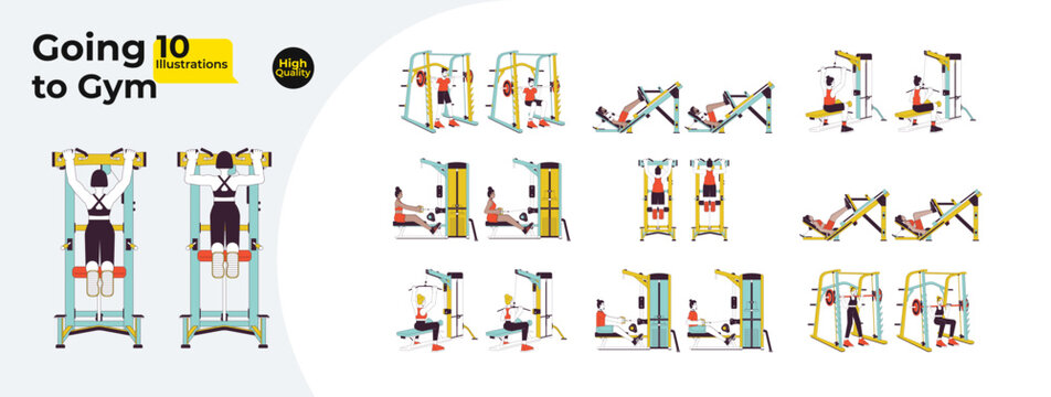 Gym sports training line cartoon flat illustration bundle. Diverse sportswoman sportsman 2D lineart characters isolated on white background. Machines workout scenes vector color image collection