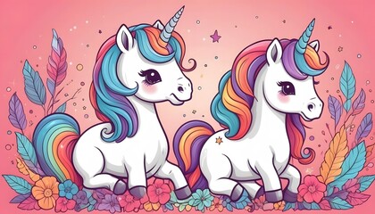 Cute cartoon unicorns set on a white background. Coloring book illustration