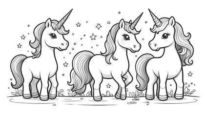 Cute cartoon unicorns set on a white background. Coloring book illustration