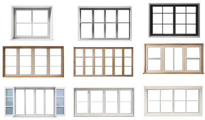 Real modern windows set isolated on a white background, various office frontstore frames collection for design, exterior building aluminum facade element.PNG file, clipping path .