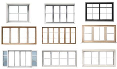 Real modern windows set isolated on a white background, various office frontstore frames collection for design, exterior building aluminum facade element.PNG file, clipping path .
