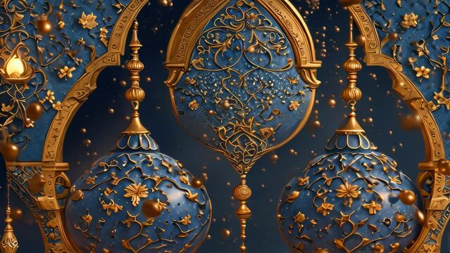 Ramadan days video animation, magical and ornate scene, likely inspired by a fantastical or celestial theme. Golden structures adorned with intricate designs