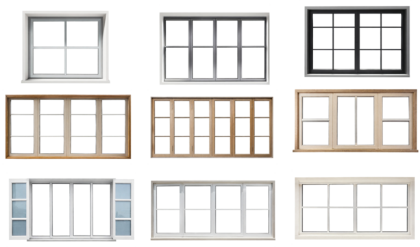 Real modern windows set isolated on a white background, various office frontstore frames collection for design, exterior building aluminum facade element.PNG file, clipping path .