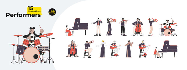 Musicians people diverse line cartoon flat illustration bundle. Music performers 2D lineart characters isolated on white background. Pianist, singer, drummer, guitarist vector color image collection