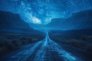 Endless Road Under Starlit Sky - obrazy, fototapety, plakaty