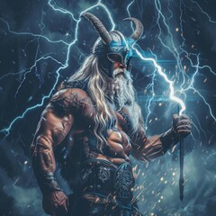 Thunder God - A Viking Warrior with Lightning Bolt Tattoo Generative AI - obrazy, fototapety, plakaty