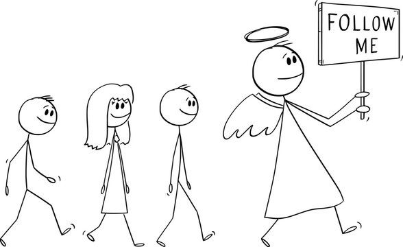 Angel Walking With Follow Me Sign, Vector Cartoon Stick Figure Illustration