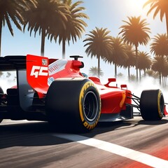 Rear view of a red Formula 1 racing car with large rear wing and Pirelli tires, emitting smoke on a sunlit track with palm trees in the background, extremely detailed vector, creative, digital art - obrazy, fototapety, plakaty