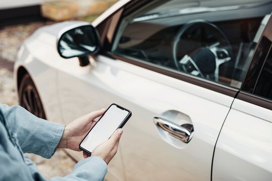 Hand using phone to lock car