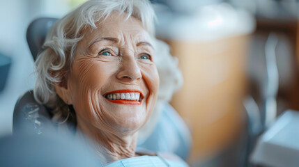 Mirthful senior woman smiling during a dental treatment - obrazy, fototapety, plakaty