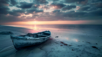 Illustration expansive view of a lonely beach under a sad sunset, where the only sign of life is a lone, abandoned boat on the shore. The sky is a canvas of deep blues and greys.Depression and lonely 