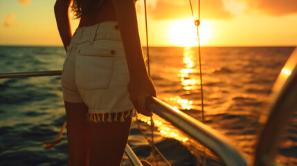 Fototapeta premium A young woman enjoying the sunset aboard a private yacht